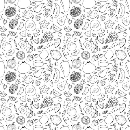 Cute hand drawn seamless pattern with summer fruits and berries. Healthy food background. Trendy textile print. Vector illustrationのイラスト素材