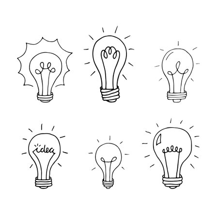Hand drawn light bulbs. Doodle light bulb. Idea concept. Sketch, minimalistic design. Vector illustrationのイラスト素材