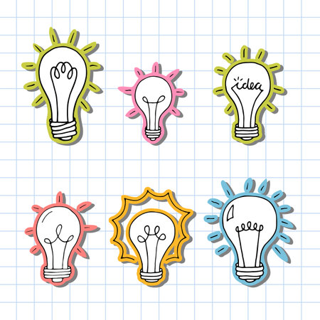 Hand drawn light bulbs. Doodle light bulb. Idea concept. Sketch, minimalistic design. Vector illustrationのイラスト素材