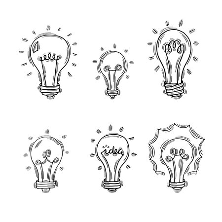 Hand drawn light bulbs. Doodle light bulb. Idea concept. Sketch, minimalistic design. Vector illustrationのイラスト素材