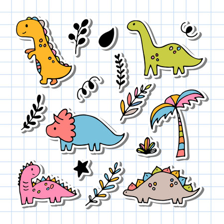Cute hand drawn dinosaurs and tropical plants. Dino collection for kids. Funny characters set. Vector illustrationのイラスト素材