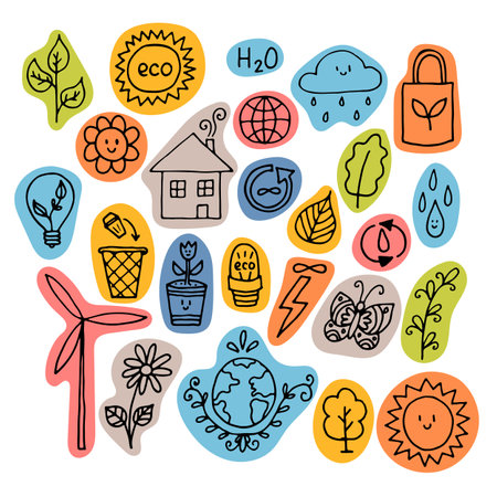 Hand drawn ecology, eco icons. Zero waste concept. Alternative energy. Ecological, green lifestyle. Vector illustrationのイラスト素材