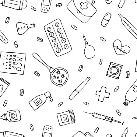 Health care seamless pattern. Hand drawn medicine elements. Pharmacy, medical background. Vector illustrationのイラスト素材