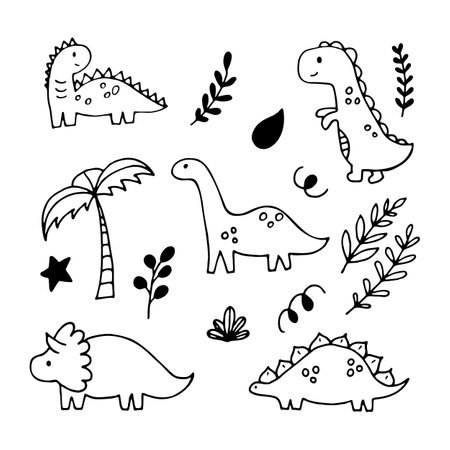Cute hand drawn dinosaurs and tropical plants. Dino collection for kids. Funny characters set. Vector illustrationのイラスト素材