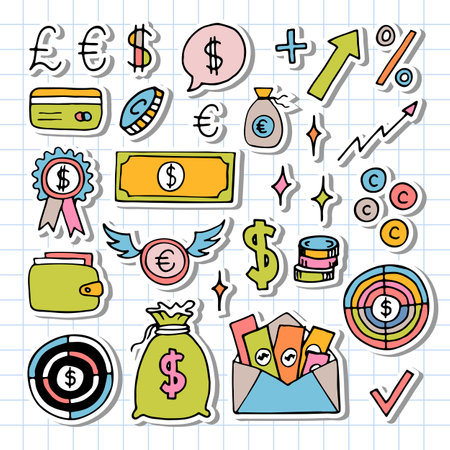 Hand drawn business icons. Finance, money, investment, strategy. Doodle, sketch design. Vector illustrationのイラスト素材