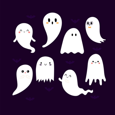 Collection of cute Halloween Ghosts. Cartoon spooky characters. Vector illustrationのイラスト素材