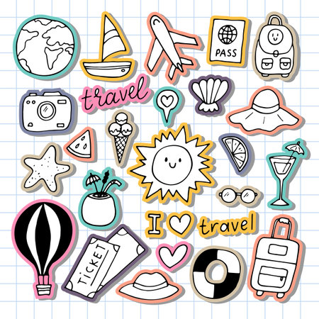 Hand drawn set of traveling icons. Holiday, vacation, travel journey. Summer collection. Design elements. Vector illustrationのイラスト素材