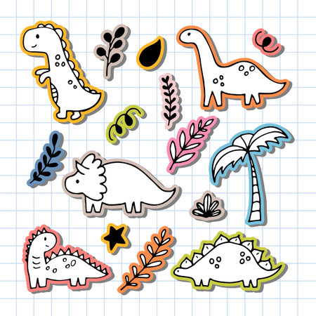 Cute hand drawn dinosaurs and tropical plants. Dino collection for kids. Funny characters set. Vector illustrationのイラスト素材