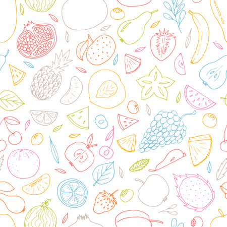 Cute hand drawn seamless pattern with summer fruits and berries. Healthy food background. Trendy textile print. Vector illustrationのイラスト素材