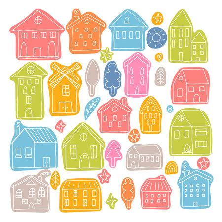 Set of coloured hand drawn houses. Collection of sketched buildings. Doodle style. Vector illustrationのイラスト素材