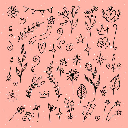 Set of hand drawn floral design elements. Flowers, branches, stars. Doodle stickers. Rustic decor elements. Vector illustrationのイラスト素材