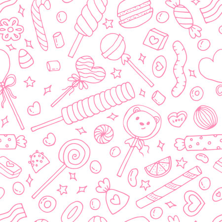 Seamless doodle pattern with candies, sweets and lollipops. Hand drawn background. Great for fabric, textile, wrapping paper. Vector illustrationのイラスト素材