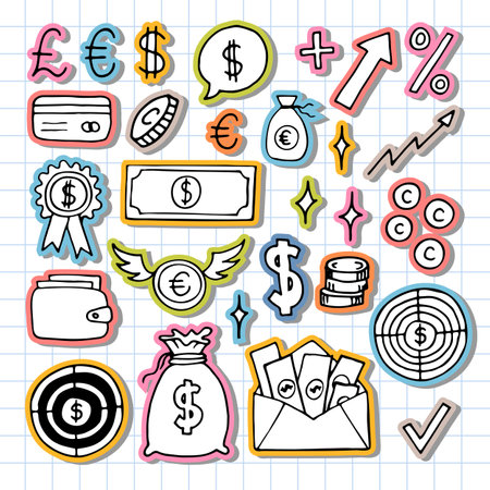 Hand drawn business icons. Finance, money, investment, strategy. Doodle, sketch design. Vector illustrationのイラスト素材