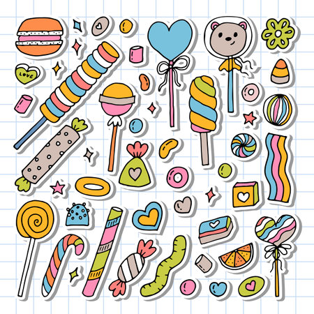 Hand drawn set of sweets and candies. Desserts, chocolate, macaroons, marshmallow. Doodle style. Sweet food. Vector illustrationのイラスト素材