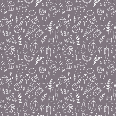 Hand drawn seamless pattern with different type of food and drinks. Doodle style. Healthy food. Vector illustrationのイラスト素材