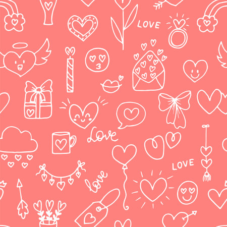 Love background. Romantic seamless pattern. Valentine, wedding design. Wrapping paper. Hand drawn, sketch, doodle. Vector illustrationのイラスト素材