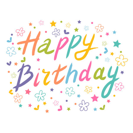 Happy Birthday. Greeting card. Calligraphy, lettering. Hand drawn, design element. Birthday party. Vector illustrationのイラスト素材
