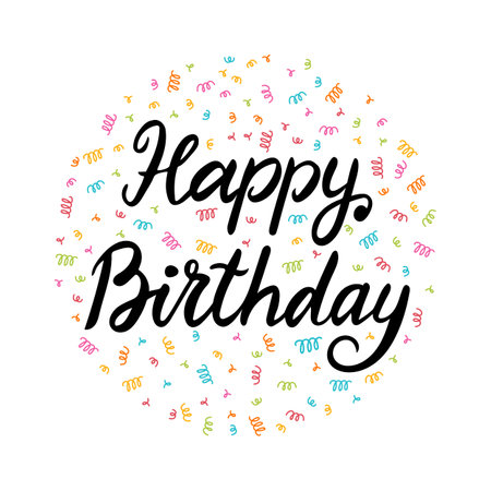 Happy Birthday. Greeting card. Calligraphy, lettering. Hand drawn, design element. Birthday party. Vector illustrationのイラスト素材