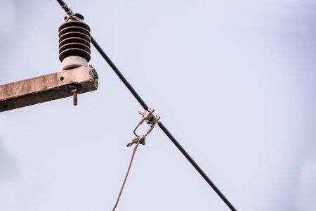 The hotline clamp is connected to the main cable to supply electricity to other places.の写真素材