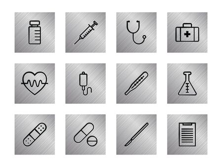 Medical Flat Line Icons Design On Metal Texture Background. Vector Illustrationのイラスト素材