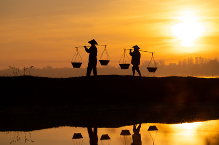 Thai farmers are carrying baskets to prepare to go home before the sun goes down. Silhouette farmer. Silhouette light.の写真素材