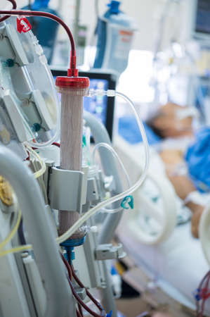 Experts are preparing a dialysis machine for use in critically ill patients in hospital intensive care units.の写真素材