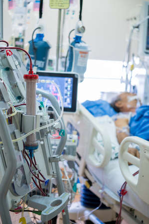 Dialysis machine is working. Acting as a substitute for the kidneys to drive waste from the body.