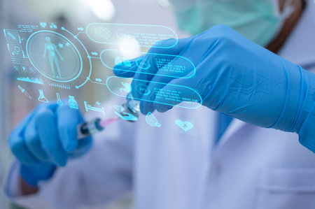 The Doctor are preparing a vaccine to be placed in sterile boosters for use in patients infected with the pandemic virus.の写真素材