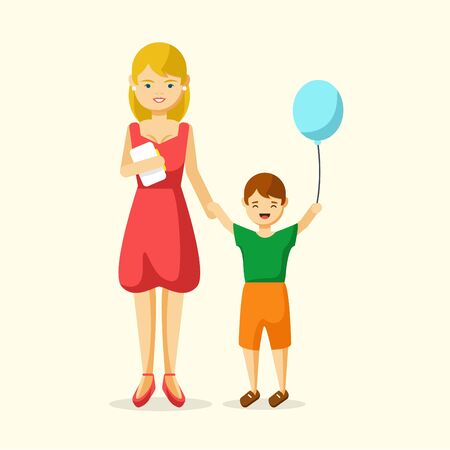 The happy young woman with child and notebook. Vector illustration of a flat designのイラスト素材