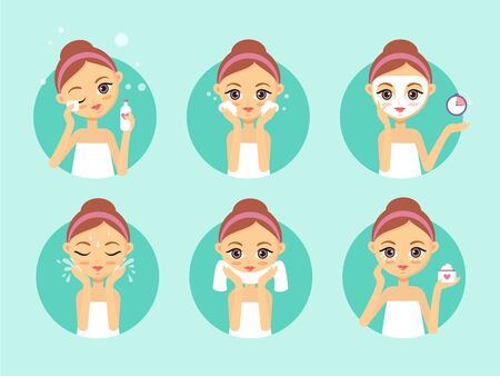 Girl cleaning and care her face. How to clean face illustrationのイラスト素材