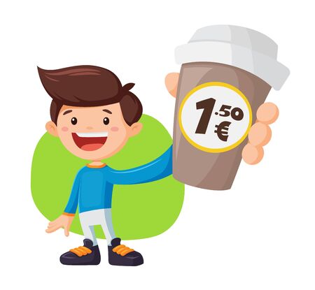 Man with coffee. Paper cups of coffee with price badge illustrationのイラスト素材