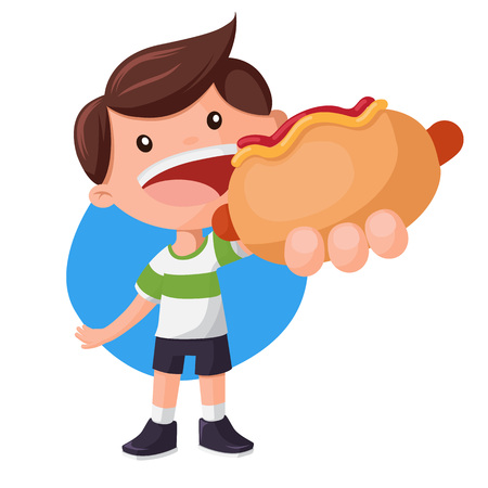 Boy holding and showing big hot-dog. Fast food vector illustrationのイラスト素材