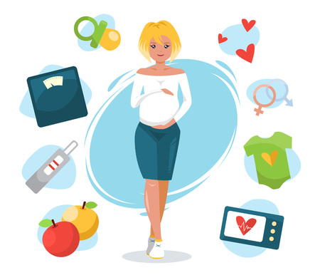 Smiling cute pregnant woman caressing her belly. Pregnant elements illustrationのイラスト素材