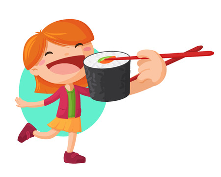 Young girl holding sushi roll with chopsticks and want to eat it. Asian food ector illustrationのイラスト素材