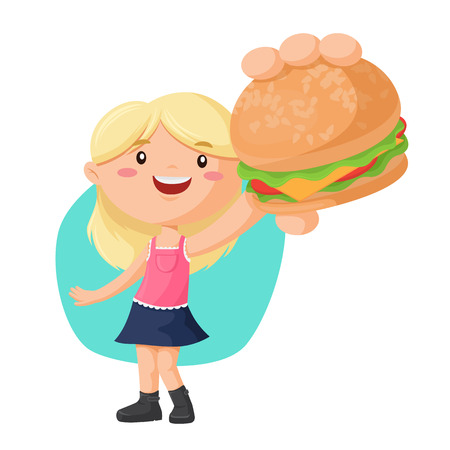 Young woman holding and showing big burger. Fast food vector illustrationのイラスト素材