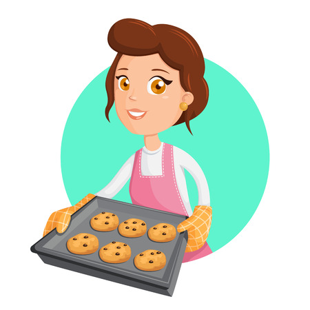 Woman cooking. Vector illustration of a girl holding cookiesのイラスト素材