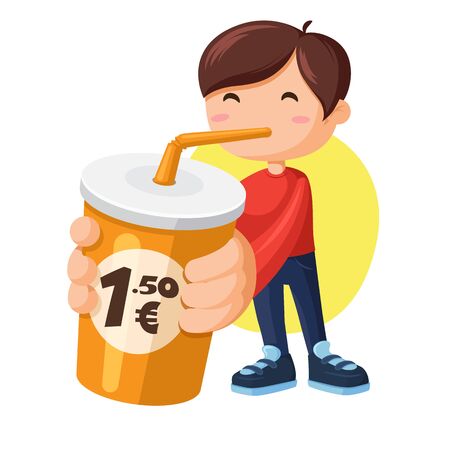 Boy drinking soda. Lemonade cups with price badge illustrationのイラスト素材