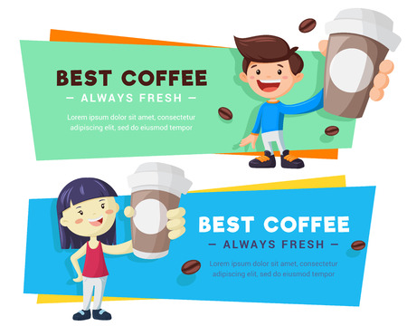Bright coffee banners set with man and woman. Coffee to go bright vector illustrationのイラスト素材