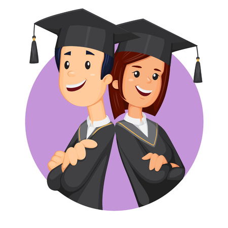 Happy students in graduation student cap. Smiling graduates vector illustrationのイラスト素材