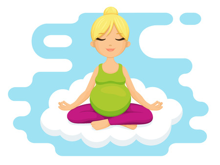 Yoga for pregnant women. Smiling pregnant woman meditating and relaxing on cloudのイラスト素材