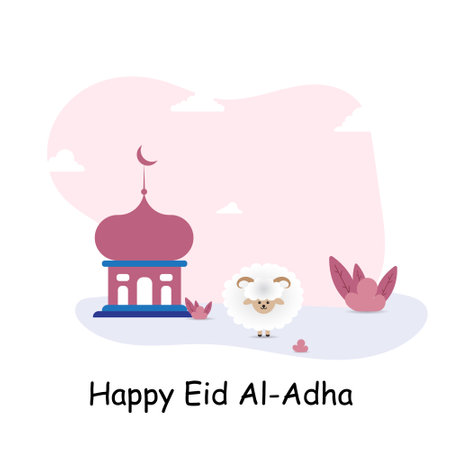 Eid Al Adha festival. Greeting card with sacrificial camel, sheep, mosque, and crescent.のイラスト素材
