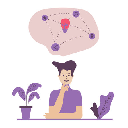 Succeeded beard businessman character thinking. Human thinking is surrounded by question marks. Business concept illustration;のイラスト素材