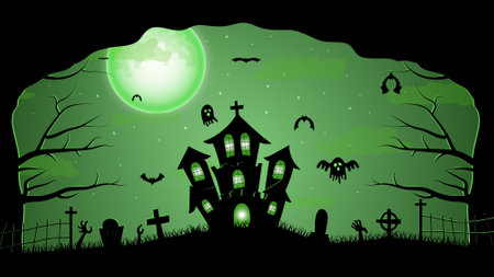 Halloween illustration with silhouettes of Halloween pumpkins, spooky tree, vintage haunted house, and bats flying over cemetery flat in moonlightのイラスト素材
