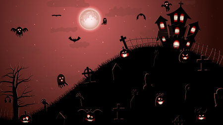 Halloween illustration with silhouettes of Halloween pumpkins, spooky tree, vintage haunted house, and bats flying over cemetery flat in moonlightのイラスト素材