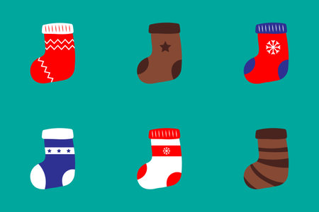 Set of Christmas stocks. A set of six different socks for Christmas gifts on green backgroundのイラスト素材