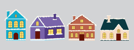 Building with snowman and fir tree at yard, construction facade with lanterns for xmas. Set of isolated decorated buildings for winter, new year, and christmas.のイラスト素材