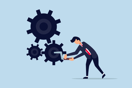 Business work flow, leadership to drive team and initiate productivity. smart businessman manager use all his power and skill to rotate group of cogwheels gear.のイラスト素材