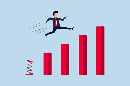 earning and profit growth jump from bottom concept, strong businessman jumping from trampoline back...