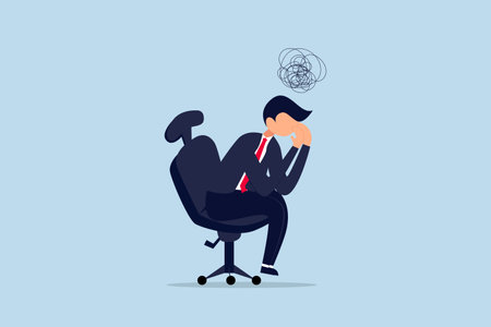 Regret on business mistake, frustration or depressed, frustrated businessman holding his head sitting alone on the chairのイラスト素材