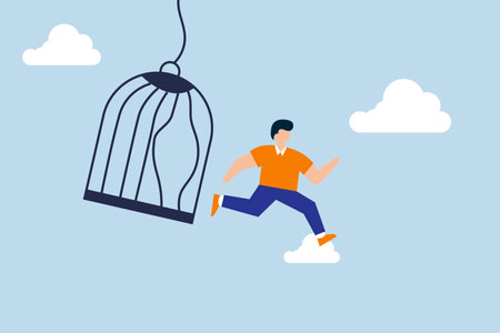 get out of comfort zone to find new job. courage businessman escape from bird cage jump and fly awayのイラスト素材